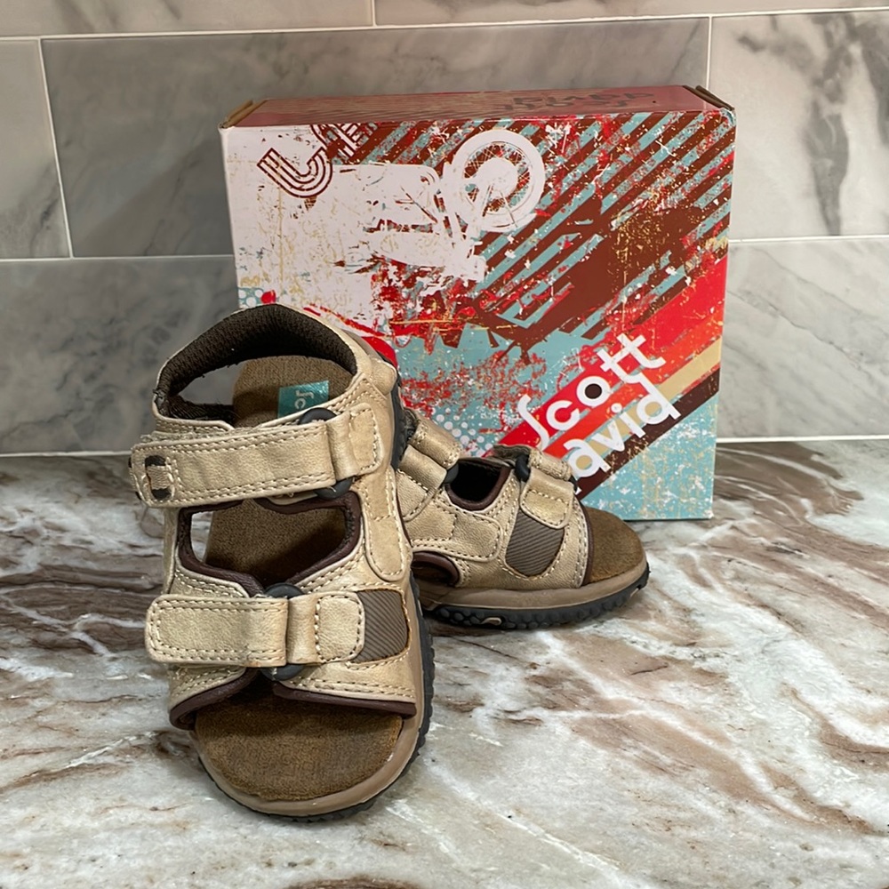 Scott David Toddler Velcro Max style Sandals in Box Tan Leather Faux Suede Box